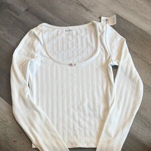 Hollister White Ribbed Scoop-Neck Long Sleeve Top with Tiny Front Bow